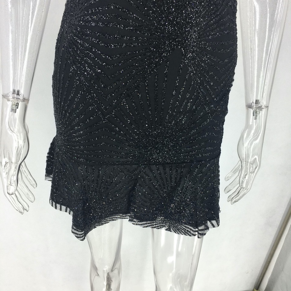 Deep V Backless Black Mini Dress with Glitter - Picture 6 of 8